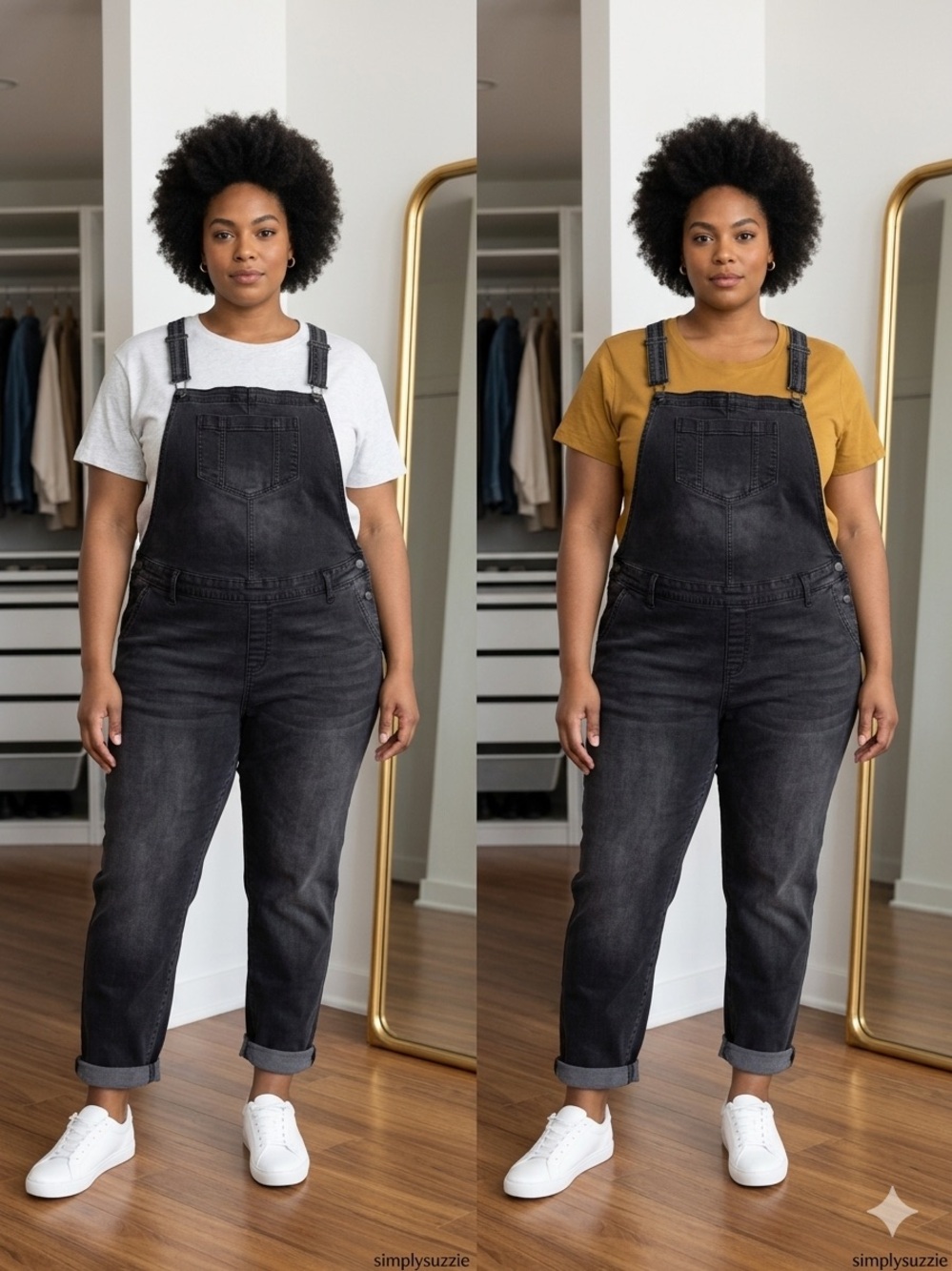 3pc Black Denim Overalls for Women - 2 tops. Plus Size